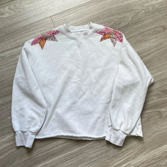Xirena Estella Star-Appliquéd Quilt Cotton Cropped Sweatshirt Snowdrop Sz XS - Picture 1 of 13